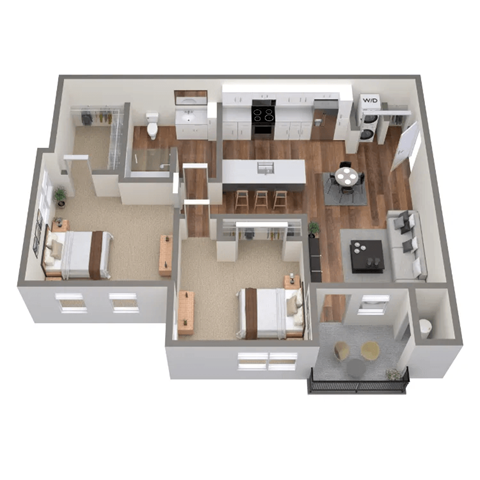Floor plan for 2 beds, 1 bath, 891 sqft